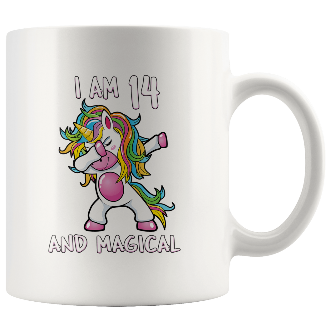 RobustCreative-I am 14 & Magical Unicorn birthday fourn Years Old ph1 White 11oz Mug Gift Idea