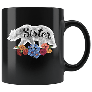 RobustCreative-Sister Bear in Flowers Vintage Matching Family Pajama - Bear Family 11oz Black Mug Retro Family Camper Adventurer Hiker Gift Idea - Both Sides Printed