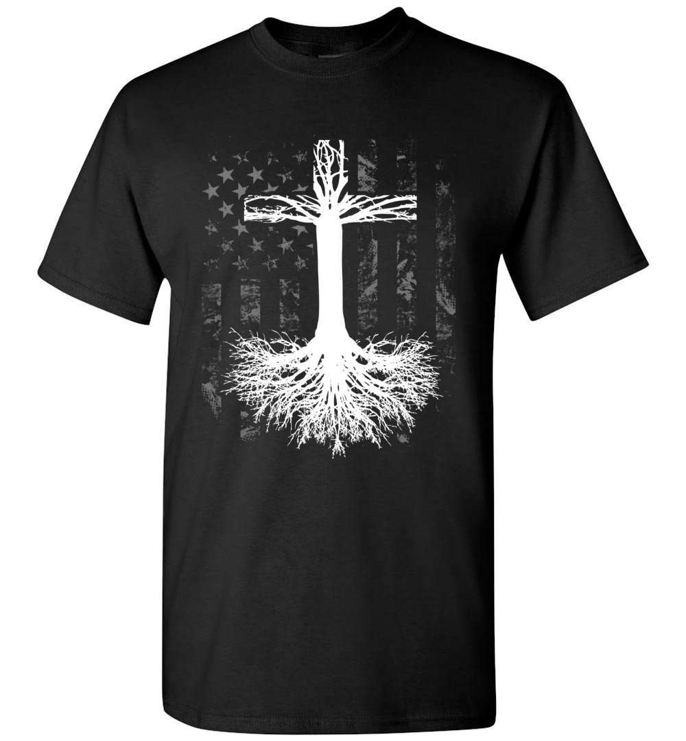 RobustCreative-Root your Faith in Christ American Flag Christian T-shirt Bible Crucifixion Corss Black