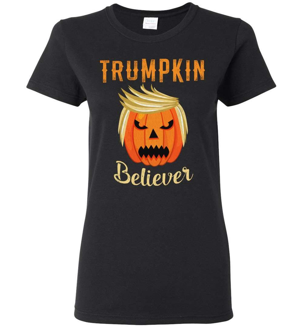 RobustCreative-Trumpkin Believer Pumpkin Spice Trump Halloween Party Womens T-shirt pumpkin with funny hair Black