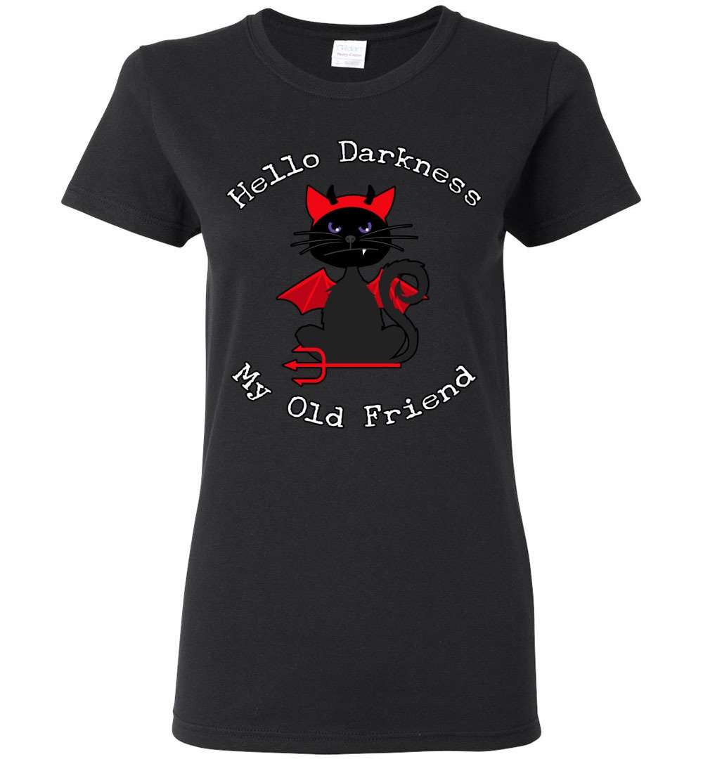 RobustCreative-Black Cat Darkness Friend Red Devil Halloween Womens T-shirt Hello Darkness My Old Friend Black
