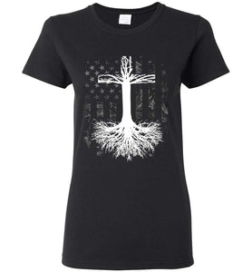 RobustCreative-Root your Faith in Christ American Flag Christian Womens T-shirt Bible Crucifixion Corss Black