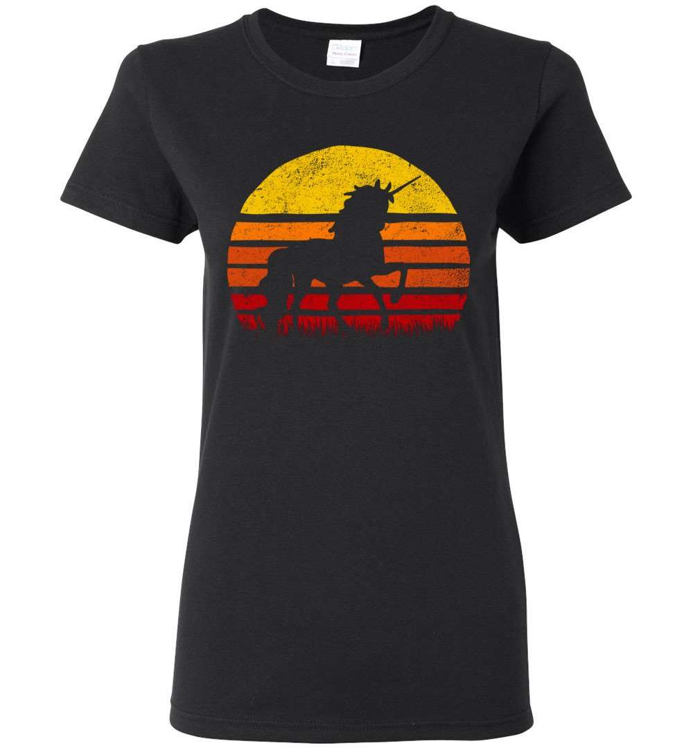 RobustCreative-Unicorn Retro Sunset Womens T-shirt Sun Silhuette magical Black