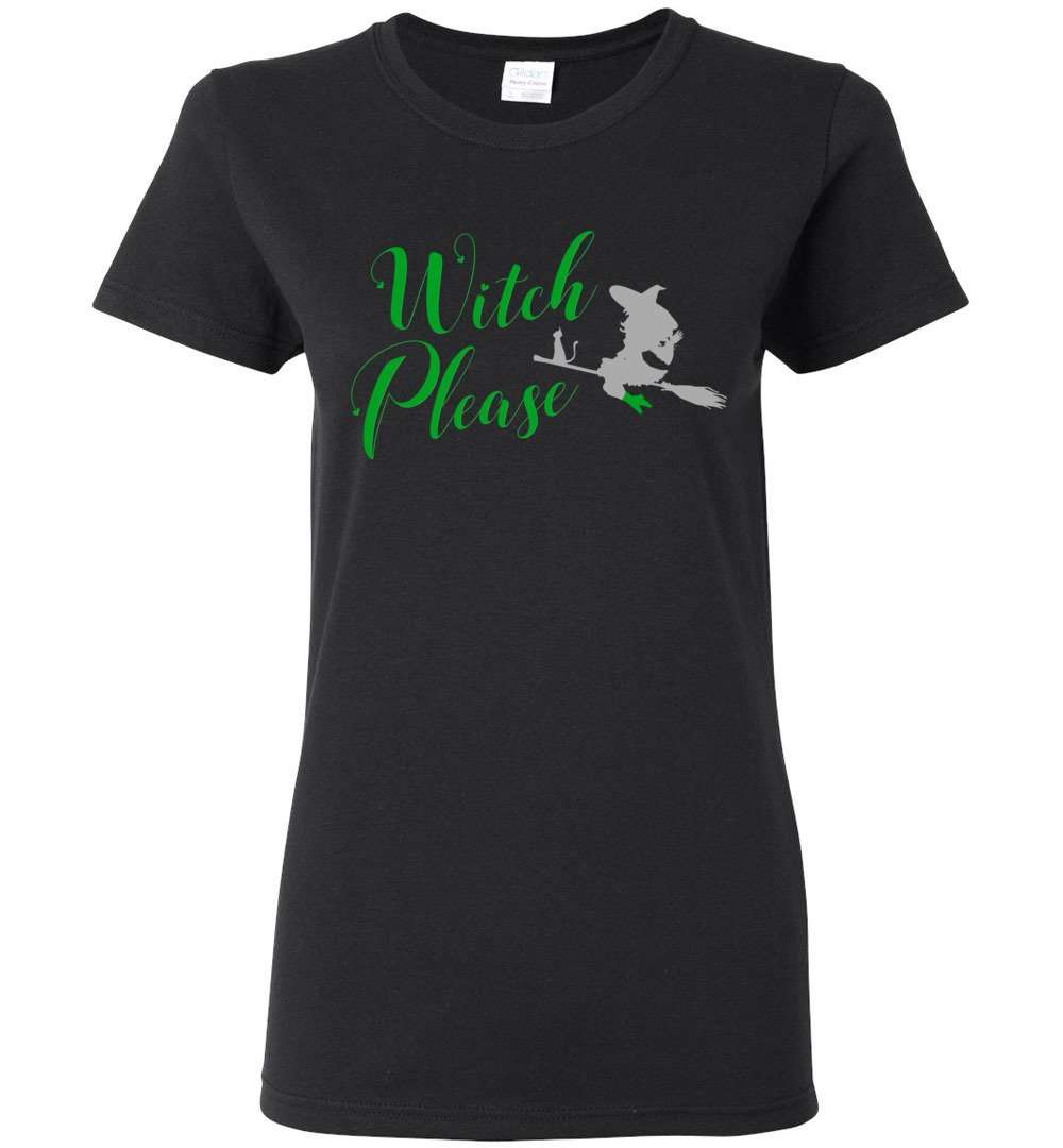 RobustCreative-Witch Please & Cat on Broom Halloween Basic Womens T-shirt Hocus Pocus costume Black