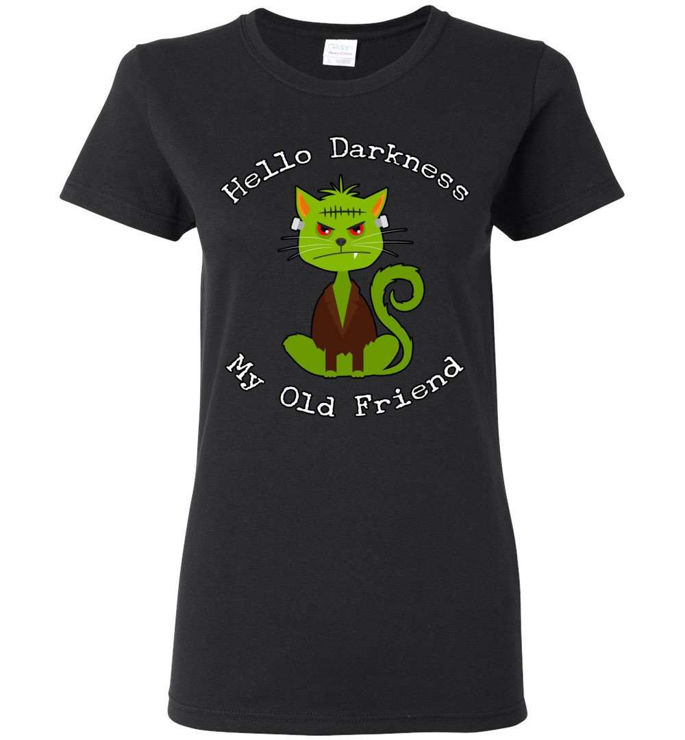 RobustCreative-Black Cat Darkness Friend Green Monster Halloween Womens T-shirt Hello Darkness My Old Friend Black