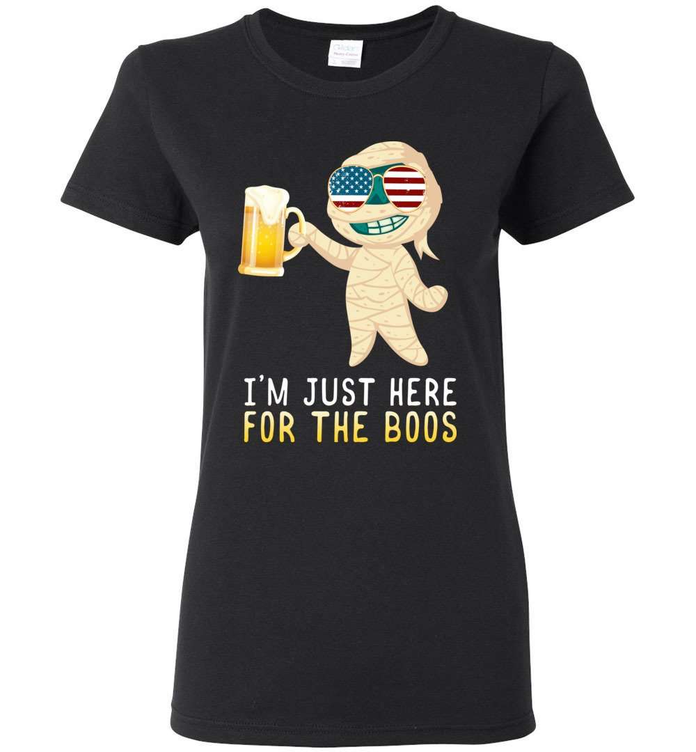 RobustCreative-I'm Just Here for the Boos Mummy American Flag Halloween Womens T-shirt Funny Boo Party Outfit Black