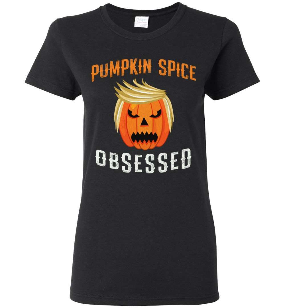 RobustCreative-Trumpkin Pumpkin Spice Obsessed Trump Halloween Party Womens T-shirt pumpkin with funny hair Black