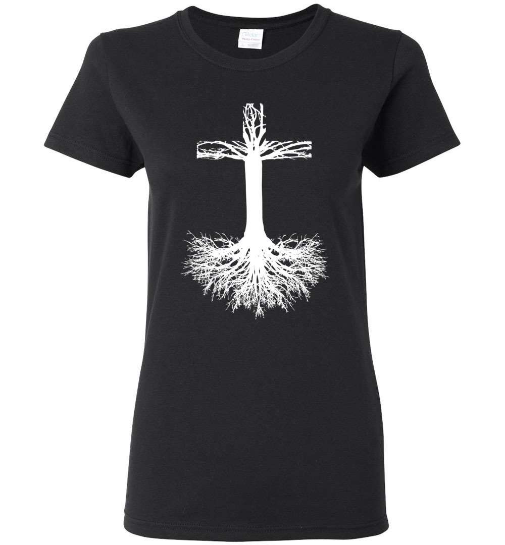 RobustCreative-Root your Faith in Jesus Christ Womens T-shirt Bible crucifixion corss Black