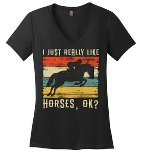 RobustCreative-Horse Girl Womens V-Neck shirt Vintage Retro I Just Really Like Riding Racing Lover Black