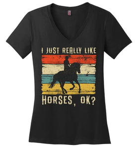 RobustCreative-Horse Girl Womens V-Neck shirt I Just Really Like Riding Vintage Rider Racing Lover Black
