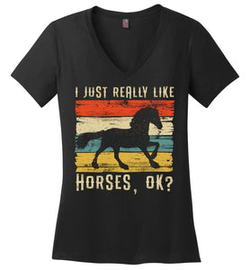 RobustCreative-Horse Girl Womens V-Neck shirt I Just Really Like Riding Vintage Retro Racing Lover Black