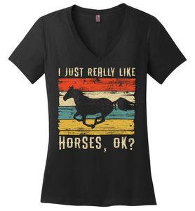 RobustCreative-Retro Horse Girl Womens V-Neck shirt I Just Really Like Riding Vintage Racing Lover Black