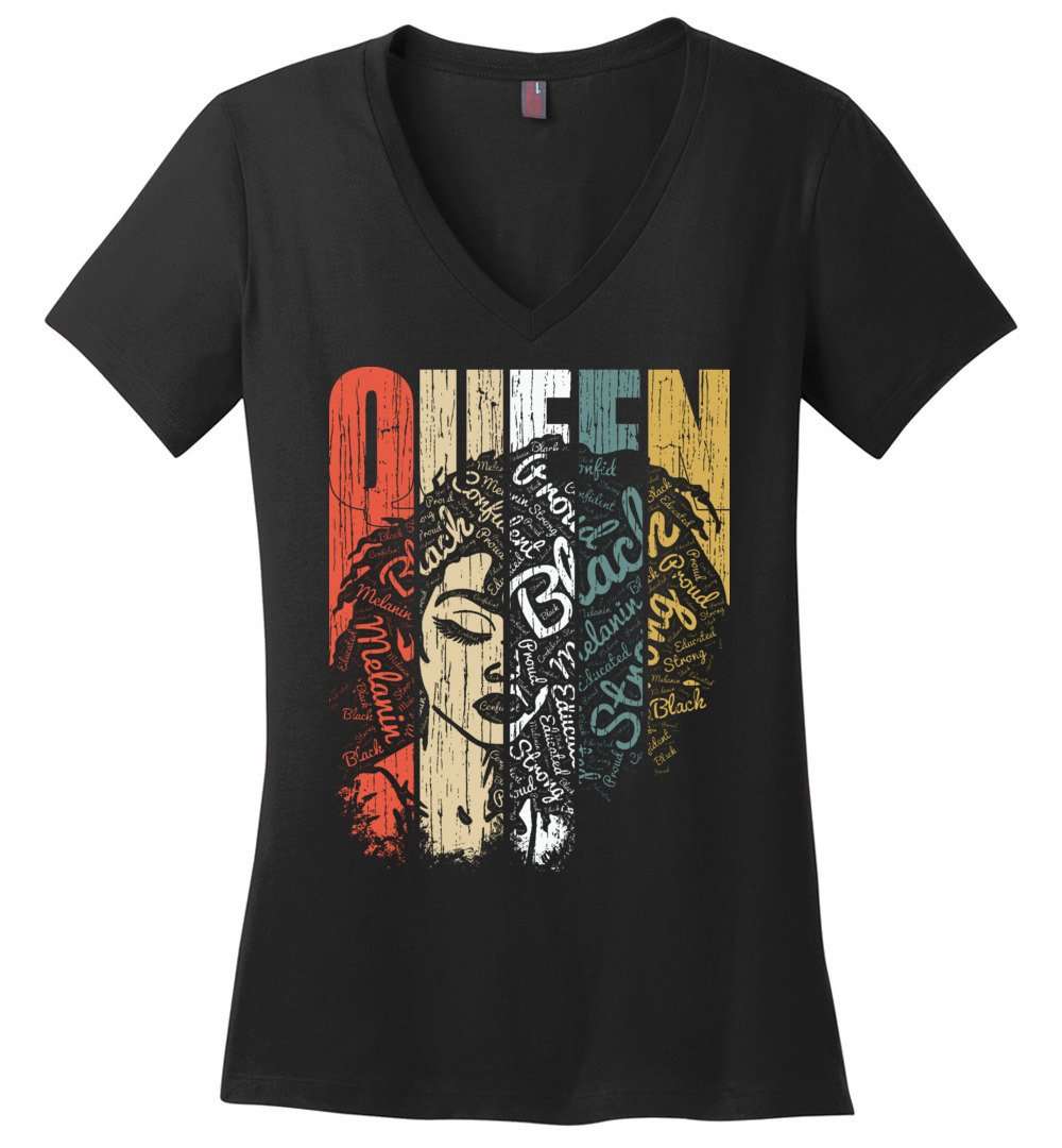 RobustCreative-Queen Womens V-Neck shirt Strong Black Woman Natural Hair Afro Educated Melanin Rich Skin Black