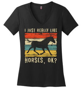 RobustCreative-Horse Girl Vintage Womens V-Neck shirt I Just Really Like Riding Retro Racing Lover Black