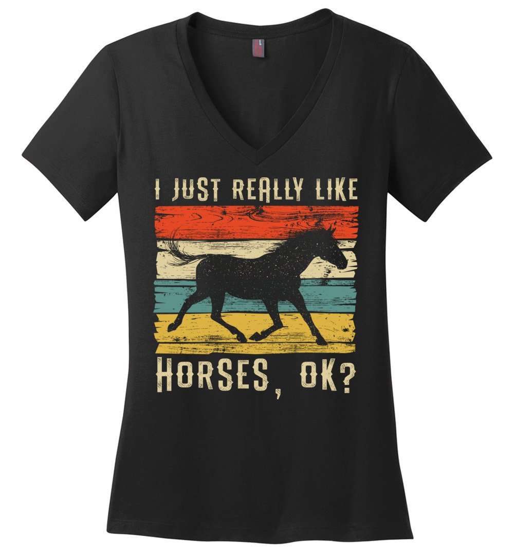 RobustCreative-Horse Girl Vintage Womens V-Neck shirt I Just Really Like Riding Retro Racing Lover Black