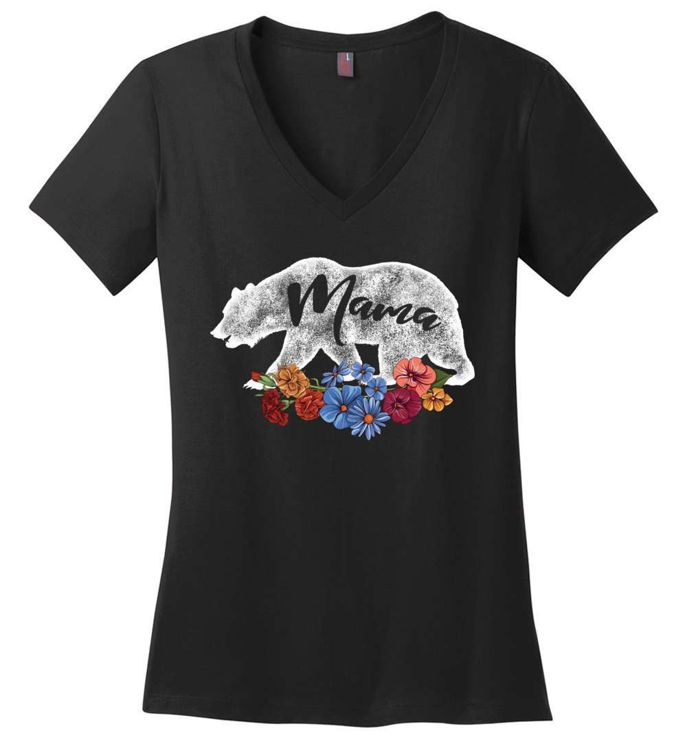 RobustCreative-Mama Bear in Flowers Vintage Womens V-Neck shirt Matching Family Pajama Retro Family Black