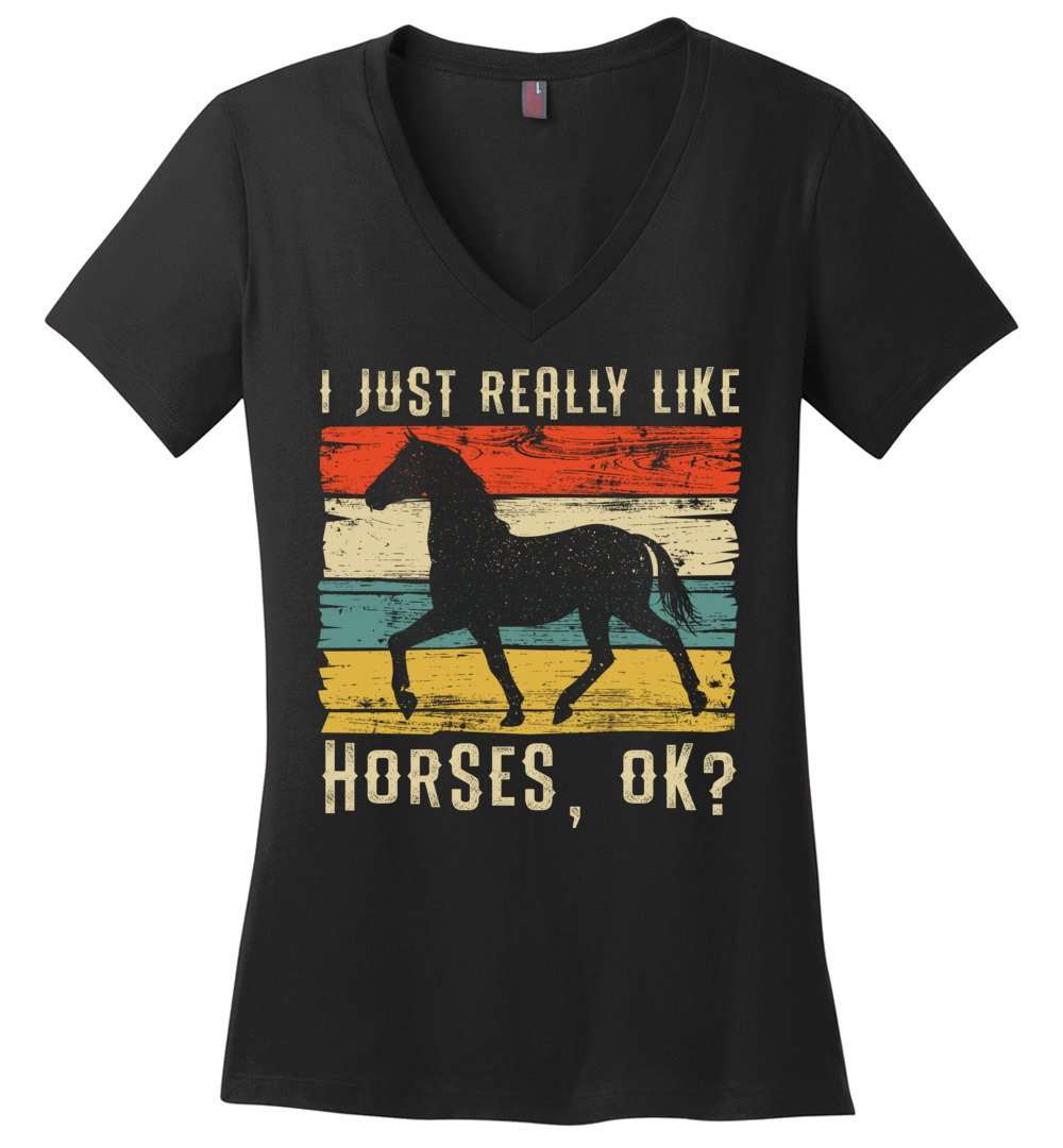 RobustCreative-Horse Girl Womens V-Neck shirt Retro I Just Really Like Riding Vintage Racing Lover Black