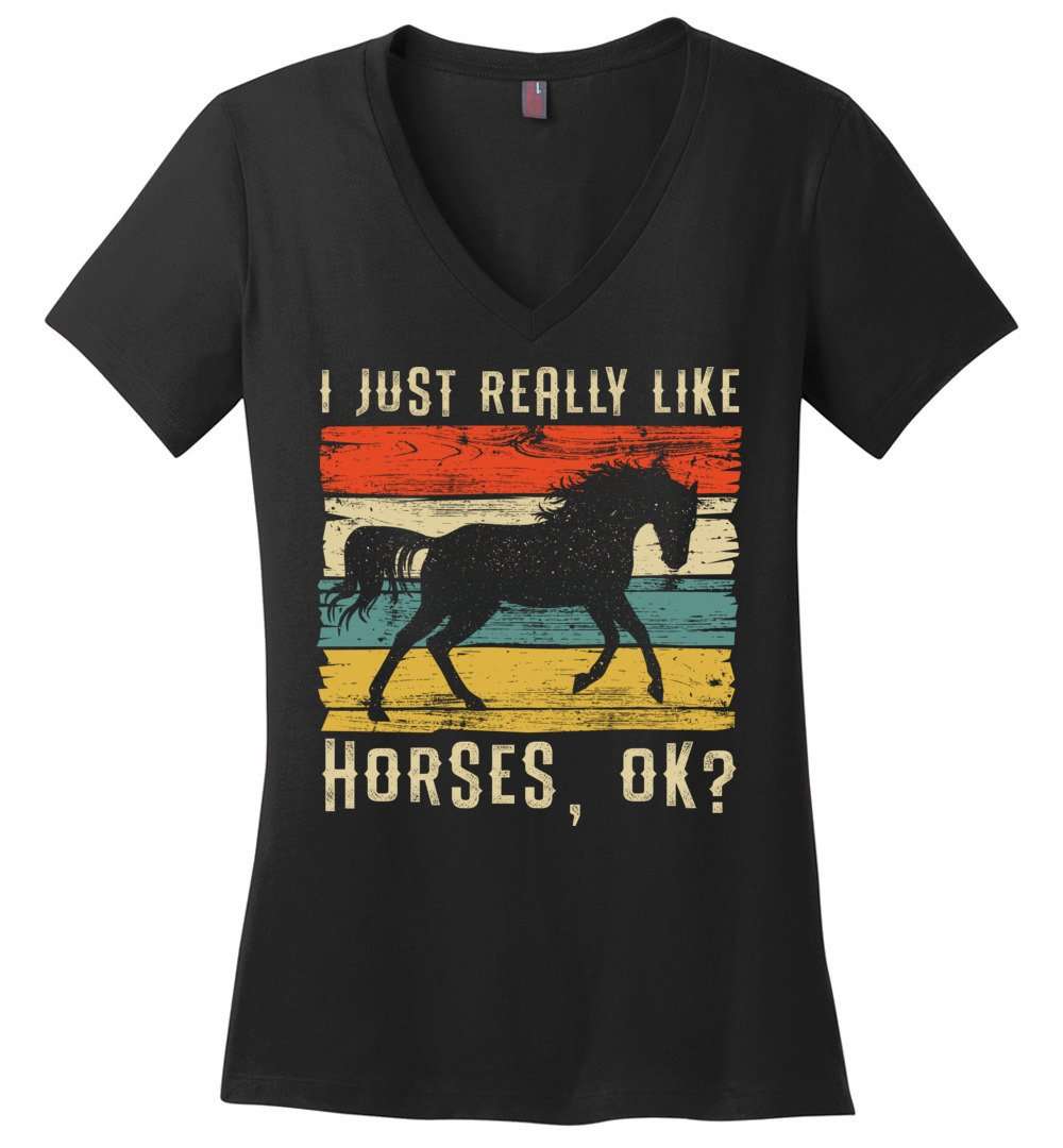 RobustCreative-Horse Wild Girl Womens V-Neck shirt I Just Really Like Riding Vintage Retro Racing Lover Black