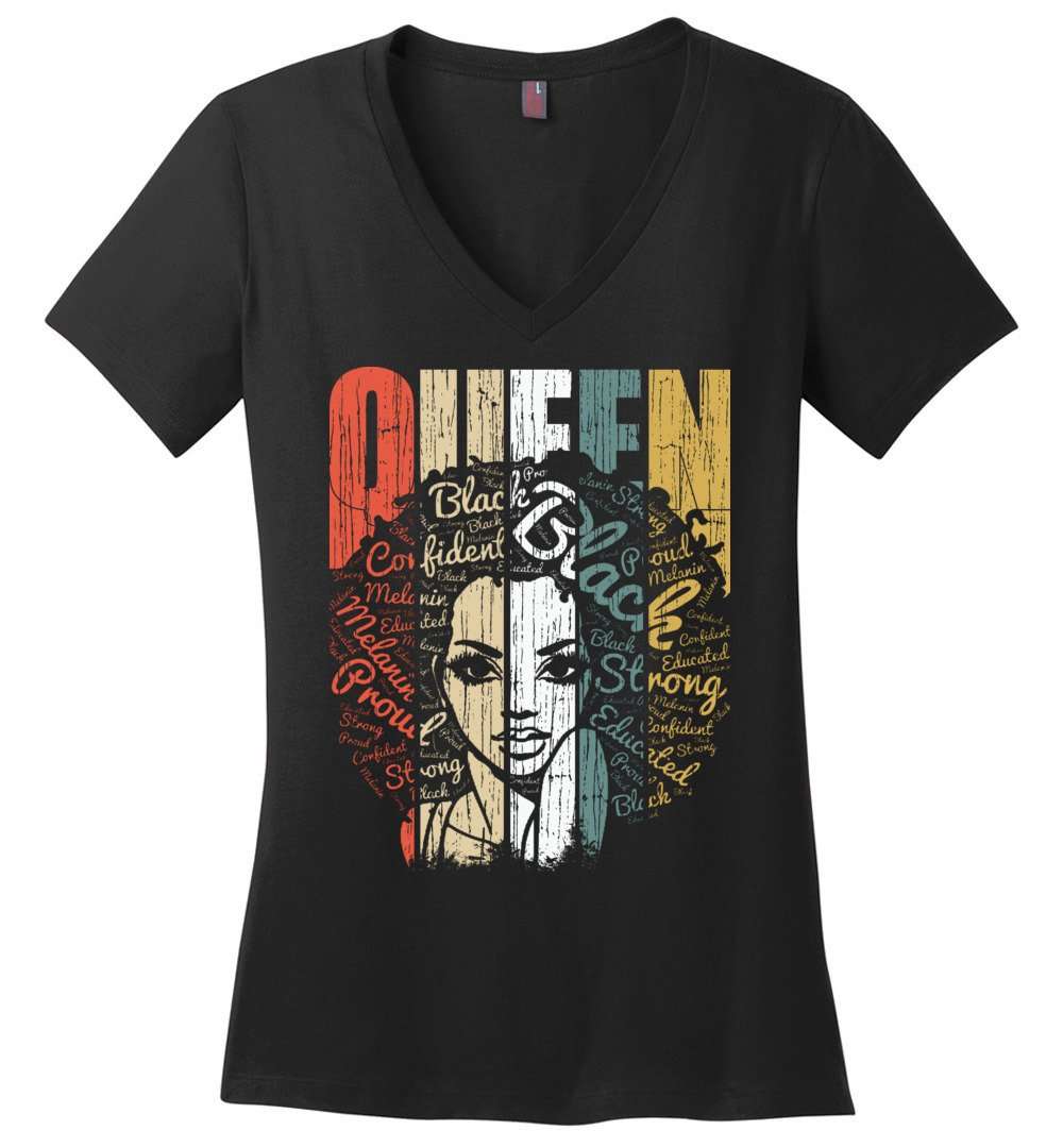 RobustCreative-Queen Womens V-Neck shirt Strong Black Woman Natural Afro Hair Educated Melanin Rich Skin Black