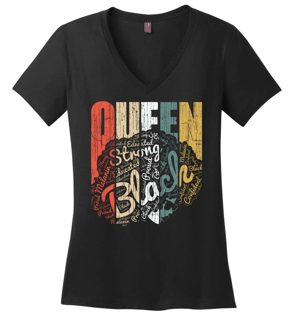 RobustCreative-Queen Womens V-Neck shirt Strong Black Woman Afro Natural Hair Vintage Educated Melanin Rich Skin Black