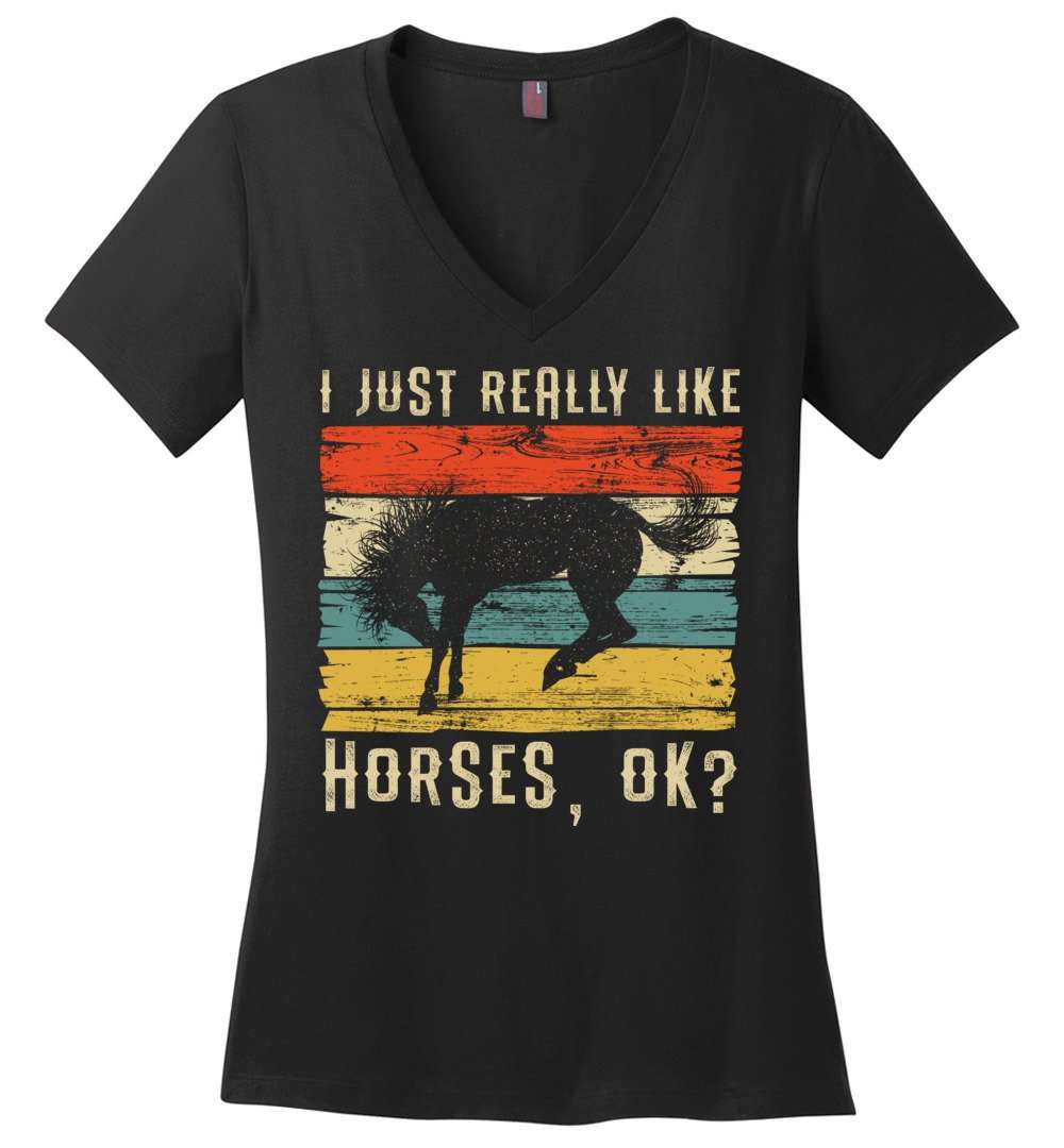 RobustCreative-Horse Girl Retro Womens V-Neck shirt I Just Really Like Riding Vintage Racing Lover Black