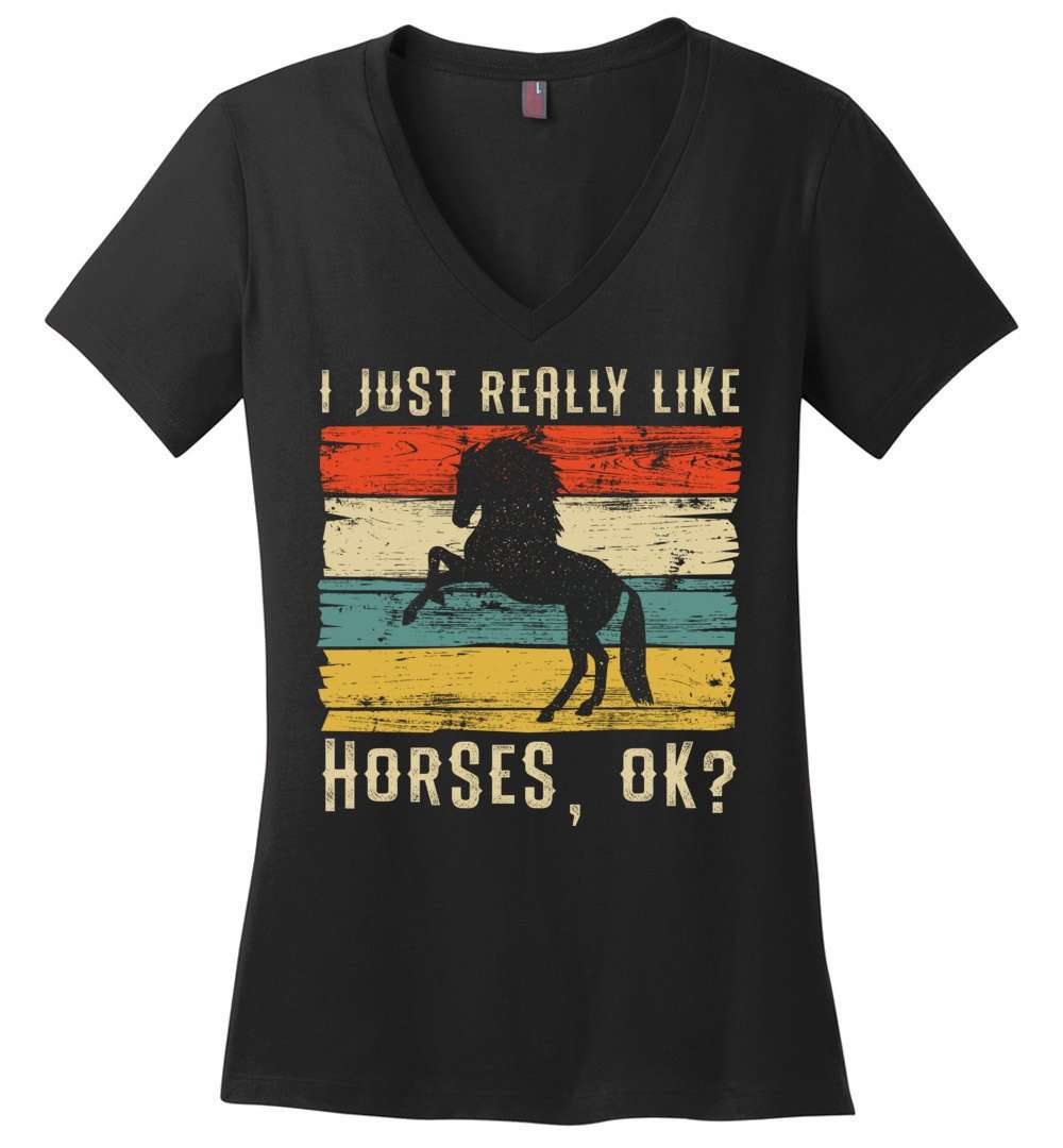 RobustCreative-Horse Girl Womens V-Neck shirt Vintage I Just Really Like Riding Retro Racing Lover Black