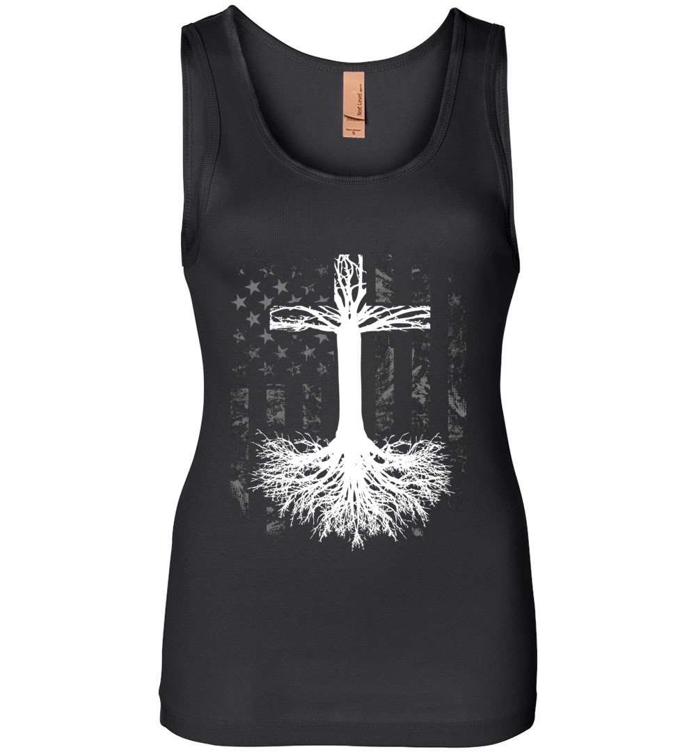 RobustCreative-Root your Faith in Christ American Flag Christian Womens Tank Top Bible Crucifixion Corss Black