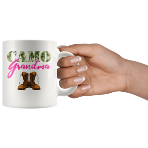 RobustCreative-Grandma Military Boots Camo Hard Charger Camouflage - Military Family 11oz White Mug Deployed Duty Forces support troops CONUS Gift Idea - Both Sides Printed