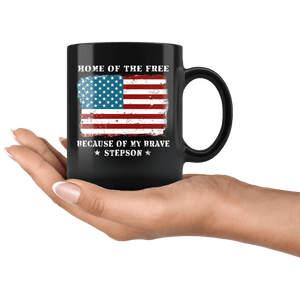 RobustCreative-Home of the Free Stepson USA Patriot Family Flag - Military Family 11oz Black Mug Retired or Deployed support troops Gift Idea - Both Sides Printed