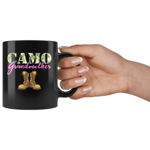 RobustCreative-Grandmother Military Boots Camo Hard Charger Camouflage - Military Family 11oz Black Mug Deployed Duty Forces support troops CONUS Gift Idea - Both Sides Printed