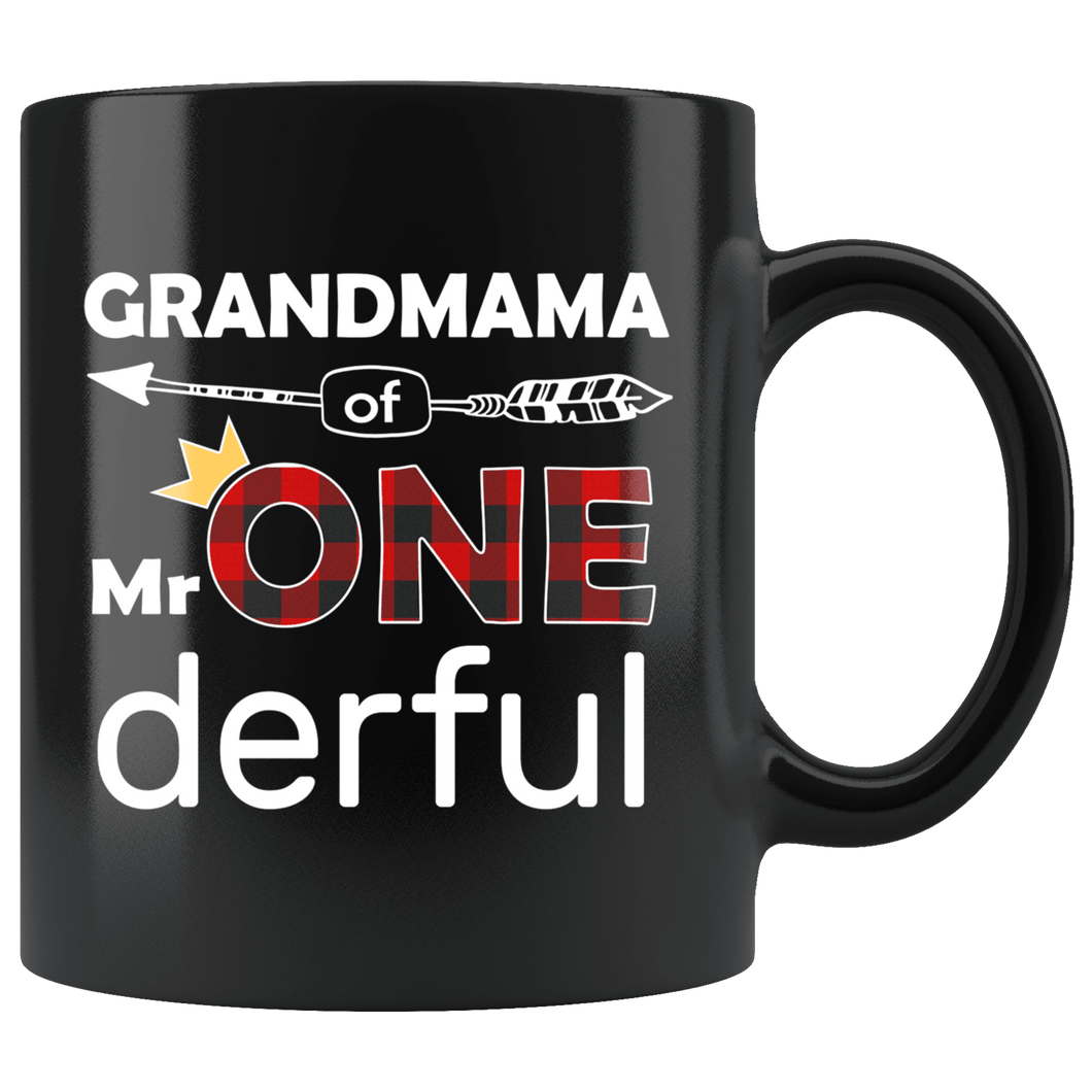 RobustCreative-Grandmama of Mr Onederful Crown 1st Birthday Buffalo Plaid Black 11oz Mug Gift Idea