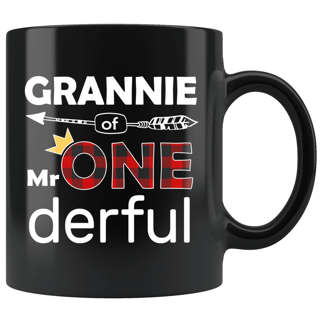 RobustCreative-Grannie of Mr Onederful Crown 1st Birthday Buffalo Plaid Black 11oz Mug Gift Idea