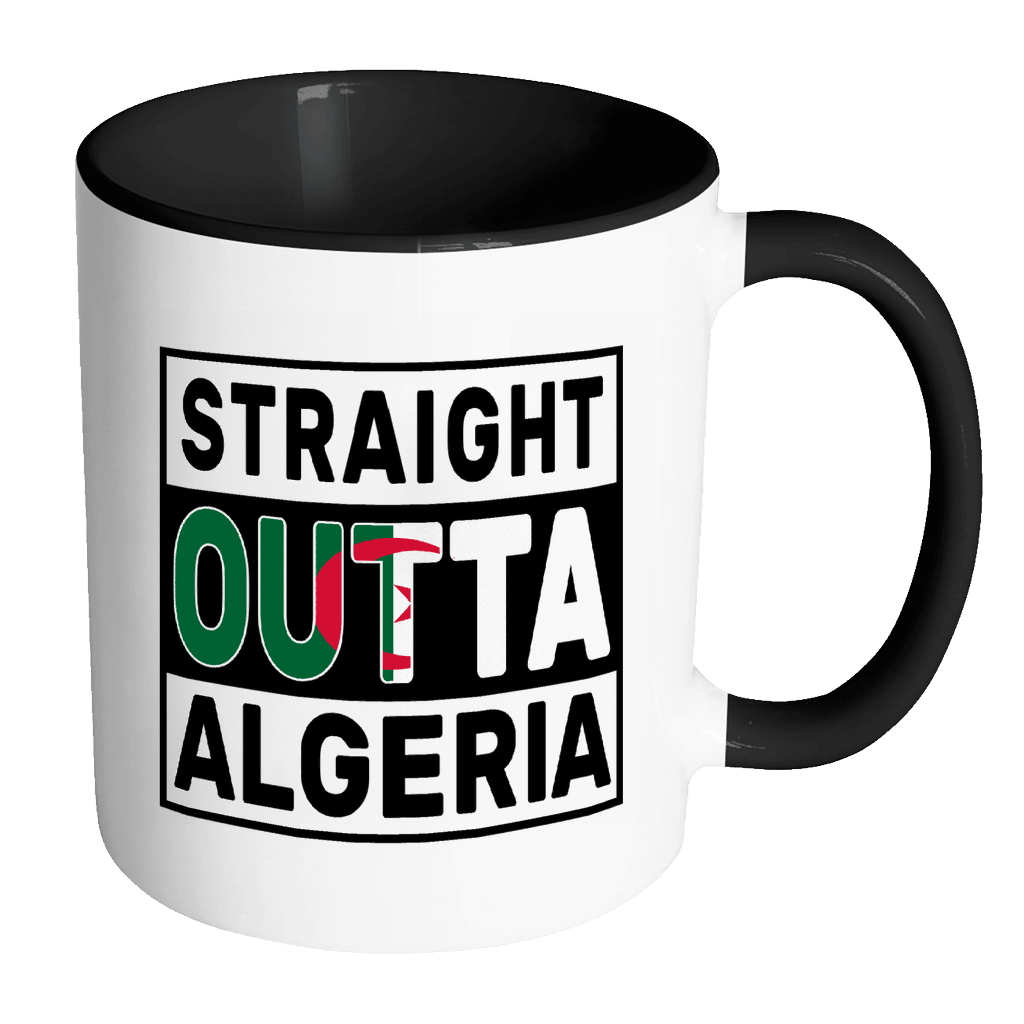 RobustCreative-Straight Outta Algeria - Algerian Flag 11oz Funny Black & White Coffee Mug - Independence Day Family Heritage - Women Men Friends Gift - Both Sides Printed (Distressed)