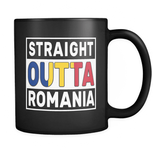 RobustCreative-Straight Outta Romania - Romanian Flag 11oz Funny Black Coffee Mug - Independence Day Family Heritage - Women Men Friends Gift - Both Sides Printed (Distressed)