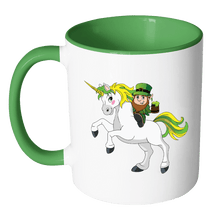 Load image into Gallery viewer, RobustCreative-St Patricks Day Coffee Mug Leprechaun riding on Irish Unicorn white/green 11 oz
