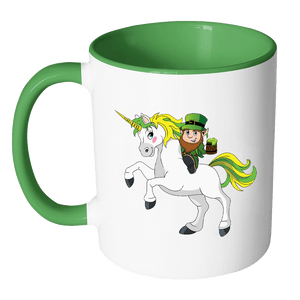 RobustCreative-St Patricks Day Coffee Mug Leprechaun riding on Irish Unicorn white/green 11 oz