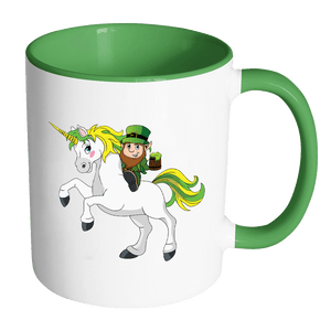 RobustCreative-St Patricks Day Coffee Mug Leprechaun riding on Irish Unicorn white/green 11 oz