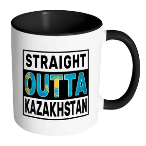RobustCreative-Straight Outta Kazakhstan - Kazakh Flag 11oz Funny Black & White Coffee Mug - Independence Day Family Heritage - Women Men Friends Gift - Both Sides Printed (Distressed)