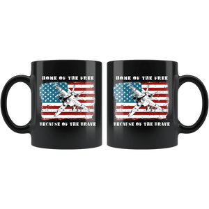 RobustCreative-Jet Fighter American Flag Home of the Free 4th of July - Military Family 11oz Black Mug Deployed Duty Forces support troops CONUS Gift Idea - Both Sides Printed