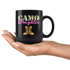 RobustCreative-Daughter Military Boots Camo Hard Charger Camouflage - Military Family 11oz Black Mug Deployed Duty Forces support troops CONUS Gift Idea - Both Sides Printed