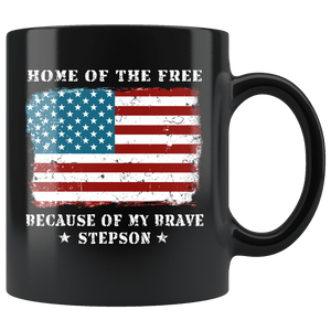 RobustCreative-Home of the Free Stepson USA Patriot Family Flag - Military Family 11oz Black Mug Retired or Deployed support troops Gift Idea - Both Sides Printed