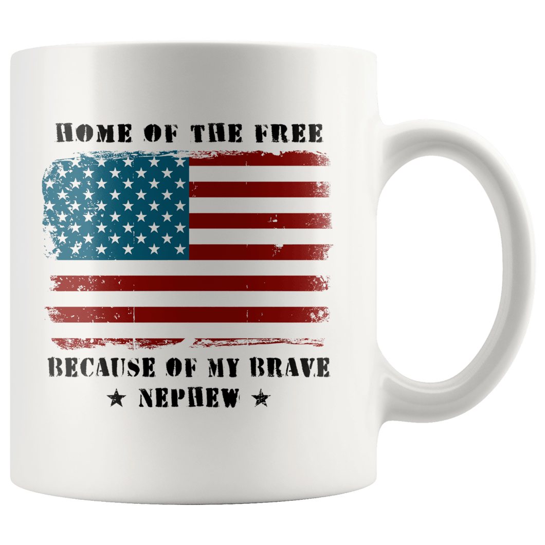 RobustCreative-Home of the Free Nephew Military Family American Flag - Military Family 11oz White Mug Retired or Deployed support troops Gift Idea - Both Sides Printed