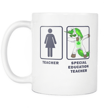 Load image into Gallery viewer, RobustCreative-Special Education Teacher Dabbing Unicorn - Teacher Appreciation 11oz Funny White Coffee Mug - Irish Ireland First Last Day Teaching Students - Friends Gift - Both Sides Printed
