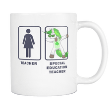 Load image into Gallery viewer, RobustCreative-Special Education Teacher Dabbing Unicorn - Teacher Appreciation 11oz Funny White Coffee Mug - Irish Ireland First Last Day Teaching Students - Friends Gift - Both Sides Printed
