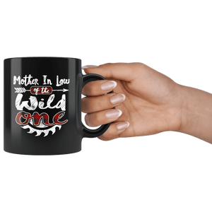 RobustCreative-Mother In Law of the Wild One Lumberjack Woodworker - 11oz Black Mug red black plaid Woodworking saw dust Gift Idea