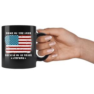 RobustCreative-Home of the Free Stepmom Military Family American Flag - Military Family 11oz Black Mug Retired or Deployed support troops Gift Idea - Both Sides Printed