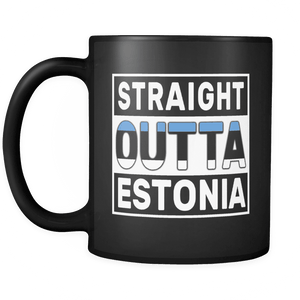 RobustCreative-Straight Outta Estonia - Estonian Flag 11oz Funny Black Coffee Mug - Independence Day Family Heritage - Women Men Friends Gift - Both Sides Printed (Distressed)