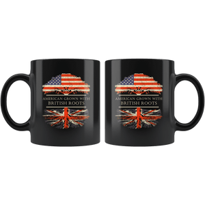 RobustCreative-British Roots American Grown Fathers Day Gift - British Pride 11oz Funny Black Coffee Mug - Real Great Britain Hero Flag Papa National Heritage - Friends Gift - Both Sides Printed