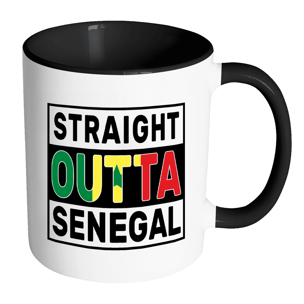 RobustCreative-Straight Outta Senegal - Senegalese Flag 11oz Funny Black & White Coffee Mug - Independence Day Family Heritage - Women Men Friends Gift - Both Sides Printed (Distressed)