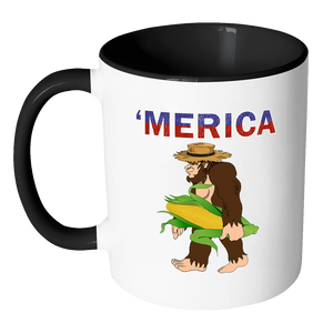 RobustCreative-Southern Bigfoot Sasquatch Corn - Merica 11oz Funny Black & White Coffee Mug - American Flag 4th of July Independence Day - Women Men Friends Gift - Both Sides Printed (Distressed)